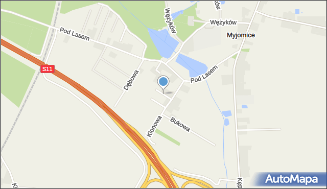 Myjomice, Modrzewiowa, mapa Myjomice
