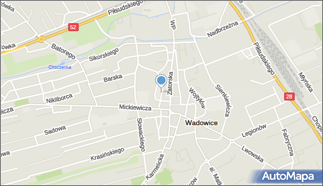 Wadowice, Piaskowa, mapa Wadowice