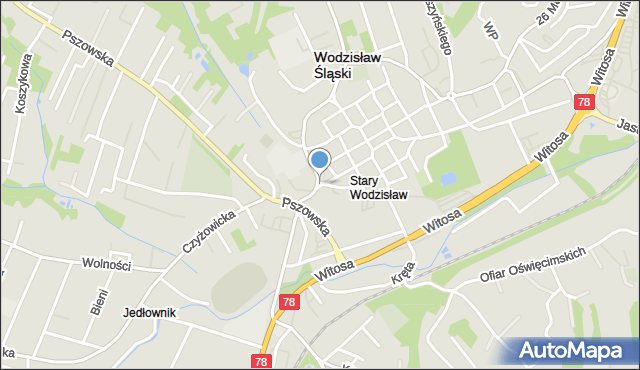 Wodzisław Śląski, Plac św. Krzyża, mapa Wodzisławia Śląskiego