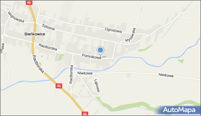 Bieńkowice gmina Krzyżanowice, Pomnikowa, mapa Bieńkowice gmina Krzyżanowice