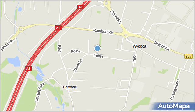 Żory, Polna, mapa Żor