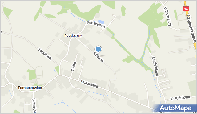 Tomaszowice gmina Wielka Wieś, Różana, mapa Tomaszowice gmina Wielka Wieś