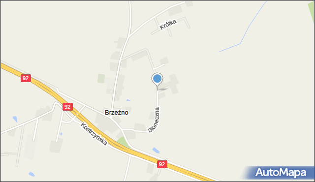 Brzeźno gmina Kostrzyn, Słoneczna, mapa Brzeźno gmina Kostrzyn