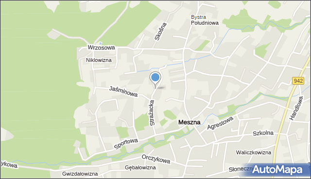 Meszna gmina Wilkowice, Strażacka, mapa Meszna gmina Wilkowice